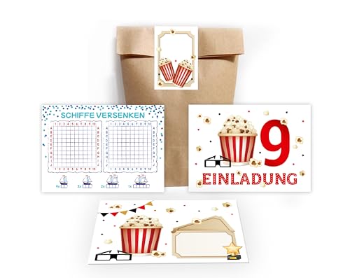 12 Einladungskarten zum 9. Kindergeburtstag Einladung Geburtstag Mädchen Jungen Kino Cinema incl. 12 Umschläge, 12 Tüten/natur, 12 Aufkleber, 12 Schiffe versenken von Junapack