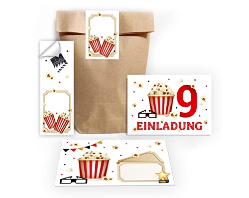 12 Einladungskarten zum 9. Kindergeburtstag Kino neunte Geburtstag Mädchen Jungen Kino-Party Cinema incl. 12 Umschläge, 12 Tüten/natur, 12 Aufkleber von Junapack