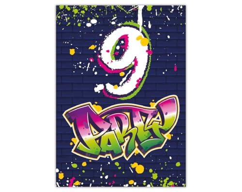 12 Einladungskarten zum 9. Kindergeburtstag Motto Feier Fest Einladung Set Geburtstag Mädchen Kinder Jungs Jungen Boys Teenies Unisex Graffiti Jugendstill modern bunt grün lila neon von Junapack