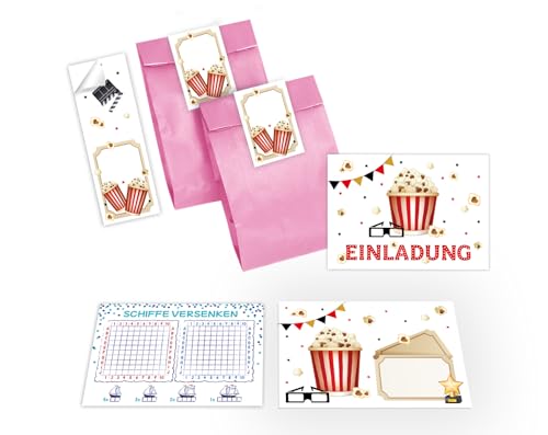 12 Einladungskarten zum Kindergeburtstag Einladung Geburtstag Mädchen Jungen Kino Cinema incl. 12 Umschläge, 12 Tüten/rosa, 12 Aufkleber, 12 Schiffe versenken von Junapack