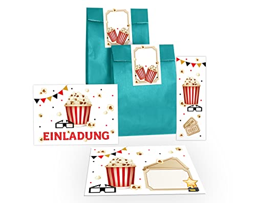 12 Einladungskarten zum Kindergeburtstag Kino Einladungen für Geburtstag Mädchen Jungen Kino-Party Cinema incl. 12 Umschläge, 12 Tüten/petrol, 12 Aufkleber, 12 Lesezeichen von Junapack