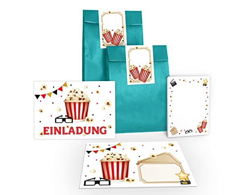 12 Einladungskarten zum Kindergeburtstag Kino Einladungen für Geburtstag Mädchen Jungen Kino-Party Cinema incl. 12 Umschläge, 12 Tüten/petrol, 12 Aufkleber, 12 Blöcke von Junapack