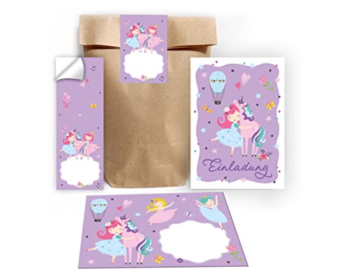 Junapack 12 Einladungskarten zum Kindergeburtstag Mädchen Ballerina mit Einhorn incl. 12 Umschläge, 12 Tüten/natur, 12 Aufkleber von Junapack