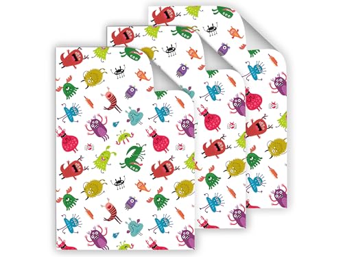 12 Geschenkpapier-Bögen hochwertige reißfeste Geschenkverpackung für Kinder Mädchen Junge Monster bunt für kleine Geschenke für Geburtstag Weihnachten Fest (12 Bögen je A3-Format) von Junapack