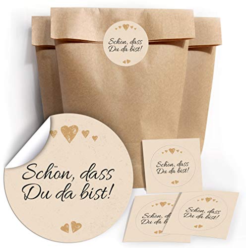 24 Geschenktüten + 24 Aufkleber SCHÖN, DASS DU DA BIST Etiketten für Gastgeschenke BZW. Mitgebsel bei Hochzeit Taufe Geburtstag Jubiläum von Junapack