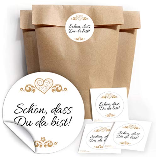 24 Geschenktüten + 24 Aufkleber SCHÖN, DASS DU DA BIST Etiketten für Gastgeschenke BZW. Mitgebsel bei Hochzeit Taufe Geburtstag Jubiläum von Junapack