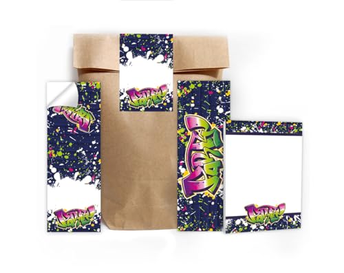 6 Lesezeichen + 6 Mini-Notizblöcke + 6 Geschenktüten (Natur) + 6 Aufkleber Mitgebsel Gastgeschenk beim Kindergeburtstag Jungen Mädchen Graffiti neon von Junapack