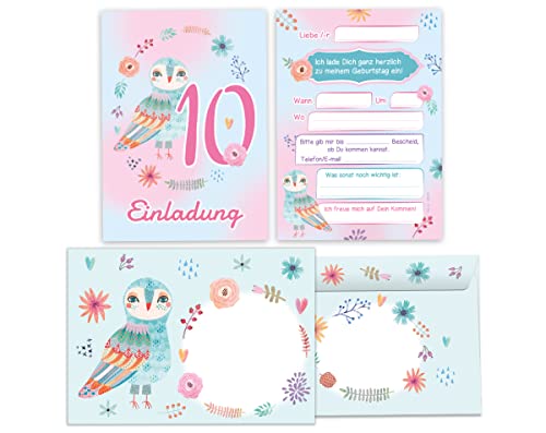 Junapack 12 Einladungskarten incl. 12 Umschläge zum 10. Kindergeburtstag Einladung zum zehnten Geburtstag Mädchen Eule von Junapack