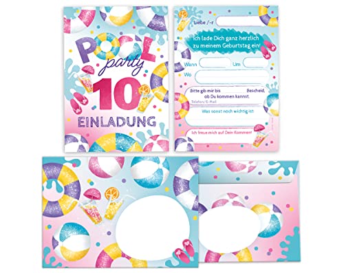 Junapack 12 Einladungskarten incl. 12 Umschläge zum 10. Kindergeburtstag Schwimmbad Einladungen zehnte Geburtstag Mädchen Pool-Party von Junapack