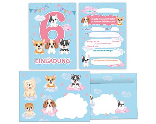 Junapack 12 Einladungskarten incl. 12 Umschläge zum 6. Kindergeburtstag Einladung zum sechsten Geburtstag Mädchen Hunde von Junapack