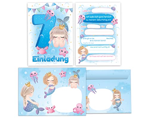 Junapack 12 Einladungskarten incl. 12 Umschläge zum 7. Kindergeburtstag Einladung zum siebten Geburtstag Mädchen Meerjungfrau von Junapack