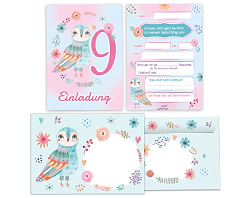 Junapack 12 Einladungskarten incl. 12 Umschläge zum 9. Kindergeburtstag Einladung zum neunten Geburtstag Mädchen Eule von Junapack