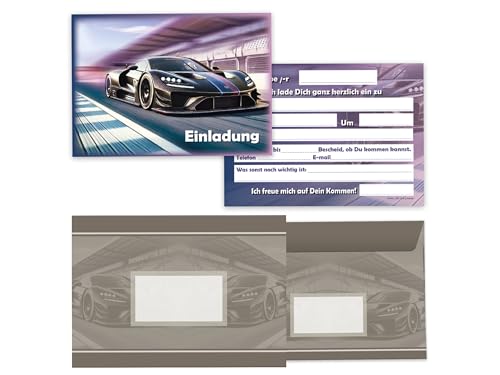 Junapack 12 Einladungskarten mit Umschläge zum Kindergeburtstag Auto Rennauto - Geburtstagseinladung Coole Autos & Rennwagen Motive, Einladung für Autofans - Track Racer von Junapack