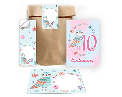 Junapack 12 Einladungskarten zum 10. Kindergeburtstag Einladung zum zehnten Geburtstag Mädchen Eule incl. 12 Umschläge, 12 Tüten/Natur, 12 Aufkleber von Junapack