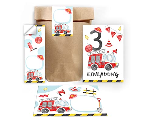 Junapack 12 Einladungskarten zum 3. Kindergeburtstag dritte Geburtstag Jungen Feuerwehr Feuerwehrauto incl. 12 Umschläge, 12 Tüten/natur, 12 Aufkleber von Junapack