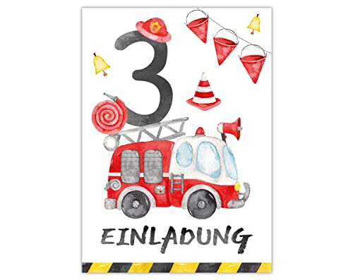 Junapack 12 Einladungskarten zum 3. Kindergeburtstag dritte Geburtstag Jungen Feuerwehr Feuerwehrauto von Junapack