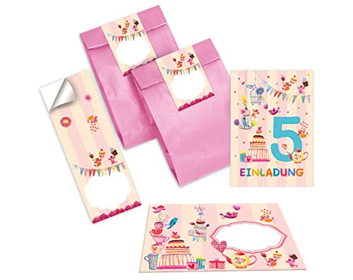 Junapack 12 Einladungskarten zum 5. Kindergeburtstag Einladung zum fünften Geburtstag Mädchen Vögelchen incl. 12 Umschläge, 12 Tüten/rosa, 12 Aufkleber von Junapack