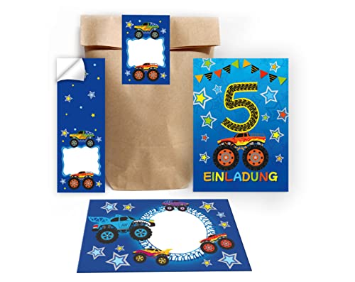 Junapack 12 Einladungskarten zum 5. Kindergeburtstag fünfte Geburtstag Jungen Monster-Truck Auto incl. 12 Umschläge, 12 Tüten/Natur, 12 Aufkleber von Junapack