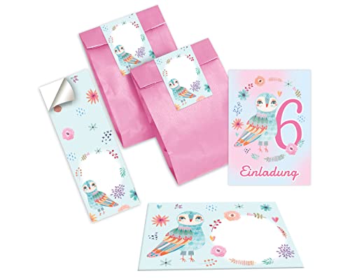 Junapack 12 Einladungskarten zum 6. Kindergeburtstag Einladung zum sechsten Geburtstag Mädchen Eule incl. 12 Umschläge, 12 Tüten/rosa, 12 Aufkleber von Junapack