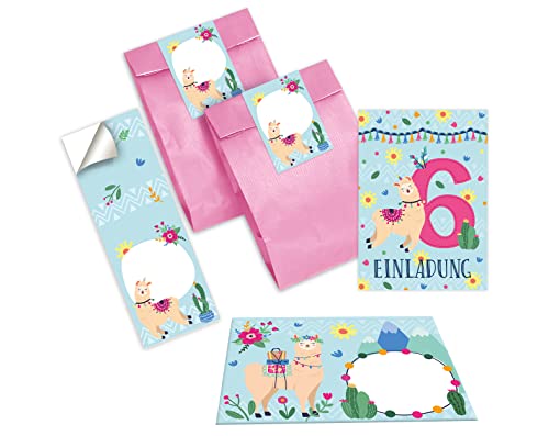 Junapack 12 Einladungskarten zum 6. Kindergeburtstag Einladung zum sechsten Geburtstag Mädchen Lama incl. 12 Umschläge, 12 Tüten/rosa, 12 Aufkleber von Junapack