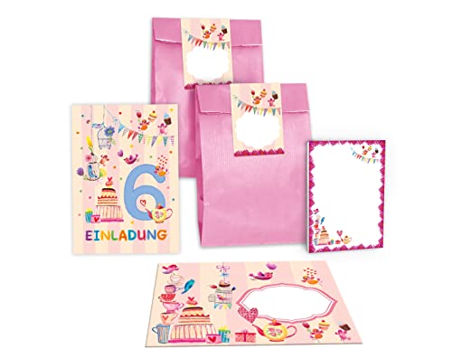 Junapack 12 Einladungskarten zum 6. Kindergeburtstag Einladung zum sechsten Geburtstag Mädchen Vögelchen incl. 12 Umschläge, 12 Tüten/rosa, 12 Aufkleber, 12 Blöcke von Junapack