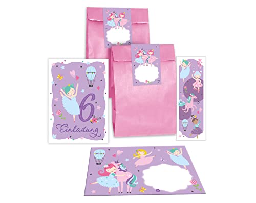 Junapack 12 Einladungskarten zum 6. Kindergeburtstag sechste Geburtstag Mädchen Ballerina incl. 12 Umschläge, 12 Tüten/rosa, 12 Aufkleber, 12 Lesezeichen von Junapack