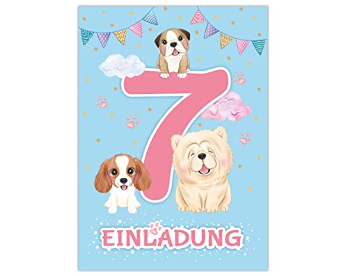 Junapack 12 Einladungskarten zum 7. Kindergeburtstag Einladung zum siebten Geburtstag Mädchen Hunde von Junapack