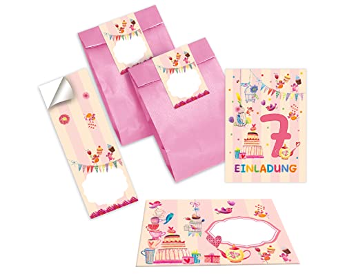 Junapack 12 Einladungskarten zum 7. Kindergeburtstag Einladung zum siebten Geburtstag Mädchen Vögelchen incl. 12 Umschläge, 12 Tüten/rosa, 12 Aufkleber von Junapack