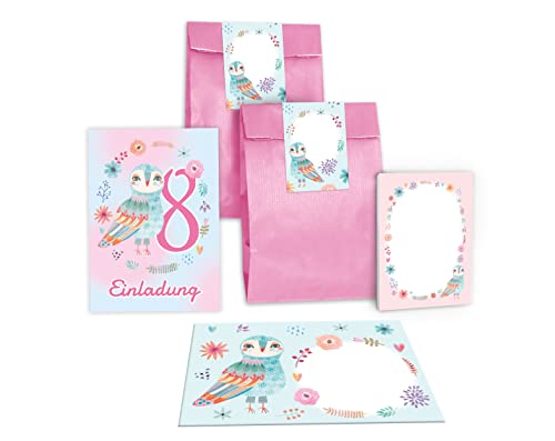 Junapack 12 Einladungskarten zum 8. Kindergeburtstag Einladung zum achten Geburtstag Mädchen Eule incl. 12 Umschläge, 12 Tüten/rosa, 12 Aufkleber, 12 Blöcke von Junapack