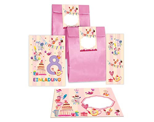 Junapack 12 Einladungskarten zum 8. Kindergeburtstag Einladung zum achten Geburtstag Mädchen Vögelchen incl. 12 Umschläge, 12 Tüten/rosa, 12 Aufkleber, 12 Lesezeichen von Junapack