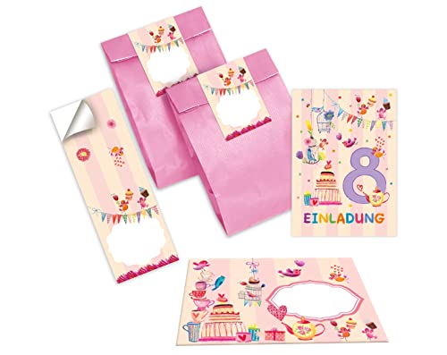 Junapack 12 Einladungskarten zum 8. Kindergeburtstag Einladung zum achten Geburtstag Mädchen Vögelchen incl. 12 Umschläge, 12 Tüten/rosa, 12 Aufkleber von Junapack