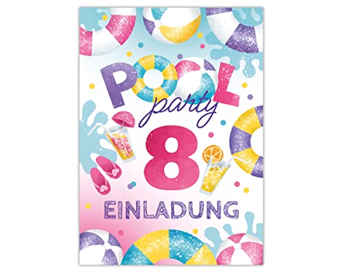 Junapack 12 Einladungskarten zum 8. Kindergeburtstag Schwimmbad Einladungen achte Geburtstag Mädchen Pool-Party von Junapack