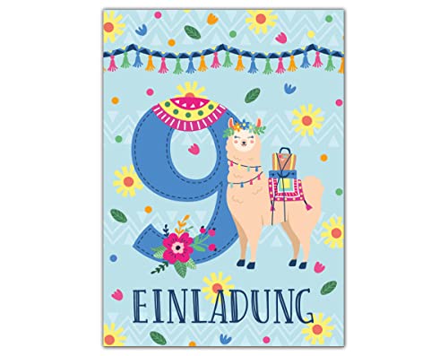 Junapack 12 Einladungskarten zum 9. Kindergeburtstag Einladung zum neunten Geburtstag Mädchen Lama von Junapack