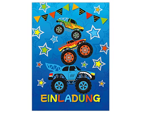 Junapack 12 Einladungskarten zum Kindergeburtstag Jungen Monster-Truck Auto Geburtstagseinladungen von Junapack