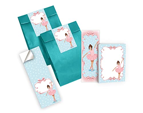 Junapack 12 Lesezeichen + 12 Mini-Notizblöcke + 12 Geschenktüten (Petrol) + 12 Aufkleber Ballerina Mitgebsel Gastgeschenk beim Kindergeburtstag Mädchen von Junapack