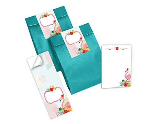 Junapack 12 Mini-Notizblöcke + 12 Geschenktüten (Petrol) + 12 Aufkleber Flamingo Mitgebsel Gastgeschenk beim Kindergeburtstag Mädchen von Junapack