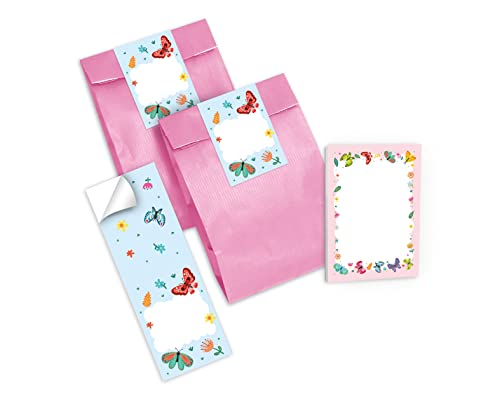 Junapack 12 Mini-Notizblöcke + 12 Geschenktüten (rosa) + 12 Aufkleber Schmetterlinge Mitgebsel Gastgeschenk beim Kindergeburtstag Mädchen von Junapack