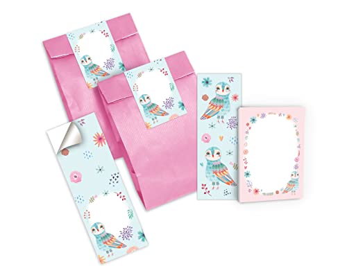 Junapack 6 Lesezeichen + 6 Mini-Notizblöcke + 6 Geschenktüten (rosa) + 6 Aufkleber Eule Mitgebsel Gastgeschenk beim Kindergeburtstag Mädchen von Junapack