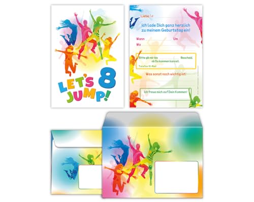 12 Einladungskarten incl. 12 Umschläge zum 8. Kindergeburtstag Jump Trampolin Jungen Mädchen Einladungen achte Geburtstag Kinder von Junaversum