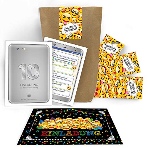 12 Einladungskarten zum 10. Kindergeburtstag Mädchen Jungen Tablet/Einladungen zum zehnte Geburtstag incl. 12 Umschläge, 12 Tüten/natur, 12 Aufkleber von Junaversum