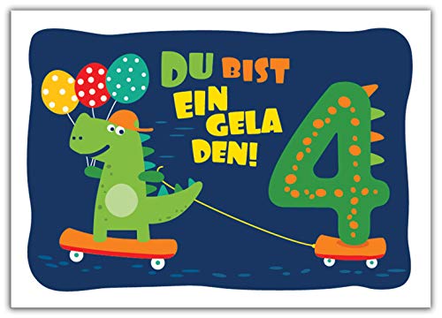 12 Einladungskarten zum 4. Kindergeburtstag Jungen Jungs Dinosaurier Einladungen vierte Geburtstag Kinder von Junaversum