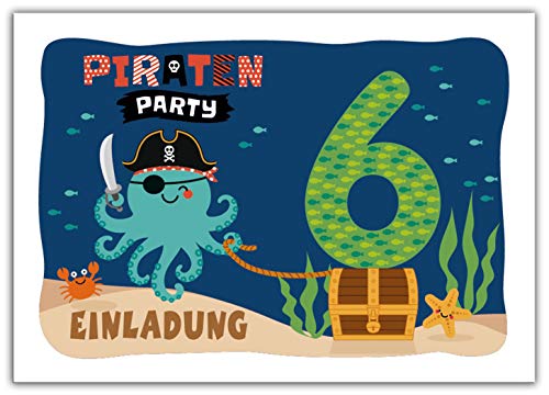 12 Einladungskarten zum 6. Kindergeburtstag Jungen Mädchen Pirat Piraten-Party von Junaversum