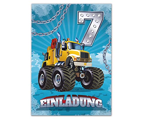 12 Einladungskarten zum 7. Kindergeburtstag Einladung siebte Geburtstag Jungen Monster-Truck Auto von Junaversum