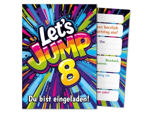 12 Einladungskarten zum 8. Kindergeburtstag Jump Party Mädchen Kinder Jungen coole bunte Einladungen achte Geburtstag Geburtstagseinladungen Kids von Junaversum