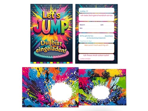 6 Einladungskarten inkl. 6 Umschläge zum Kindergeburtstag Jump Party Mädchen Jungen Kinder coole bunte Einladungen Geburtstag Geburtstagseinladungen Kids von Junaversum