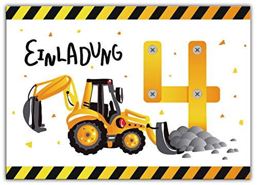 6 Einladungskarten zum 4. vierten Kindergeburtstag Jungen Baustelle Bagger von Junaversum