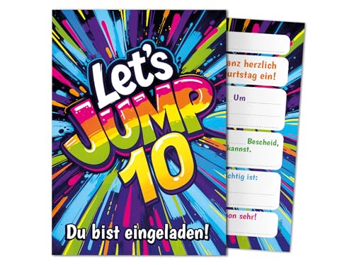 8 Einladungskarten zum 10. Kindergeburtstag Jump Party Mädchen Kinder Jungen coole bunte Einladungen zehnte Geburtstag Geburtstagseinladungen Kids von Junaversum