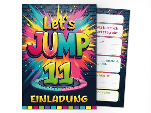 8 Einladungskarten zum 11. Kindergeburtstag Jump Party Jungen Mädchen Kinder coole bunte Einladungen elfte Geburtstag Geburtstagseinladungen Kids von Junaversum