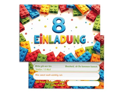 8 Einladungskarten zum 8. Kindergeburtstag Bausteine Kinder Jungen Mädchen coole bunte Einladungen achte Geburtstag Geburtstagseinladungen Kids von Junaversum