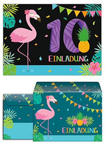 Junaversum 12 Einladungskarten incl. 12 Umschläge zum 10. Geburtstag Kinder zehnte Kindergeburtstag Mädchen Flamingo von Junaversum